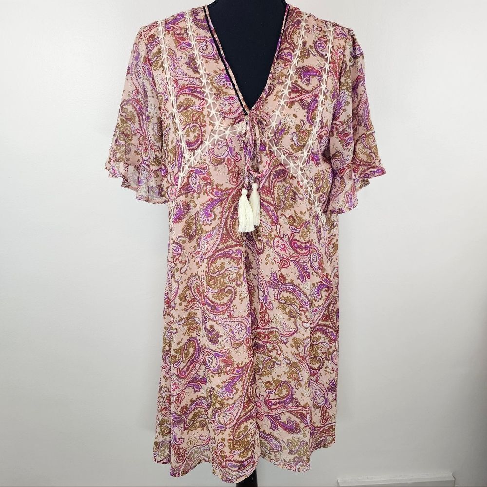 NWT Entro Floral Paisley Flare Short Sleeve V Neck Mini Lined Pullover Dress